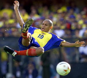 Colombian Freddy Grisales kicks the ball 29 July 2